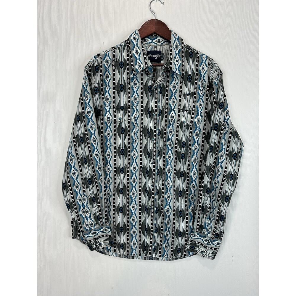 Vintage Wrangler Brushpopper Shirt Mens Large Pearl Snap Aztec Southwestern